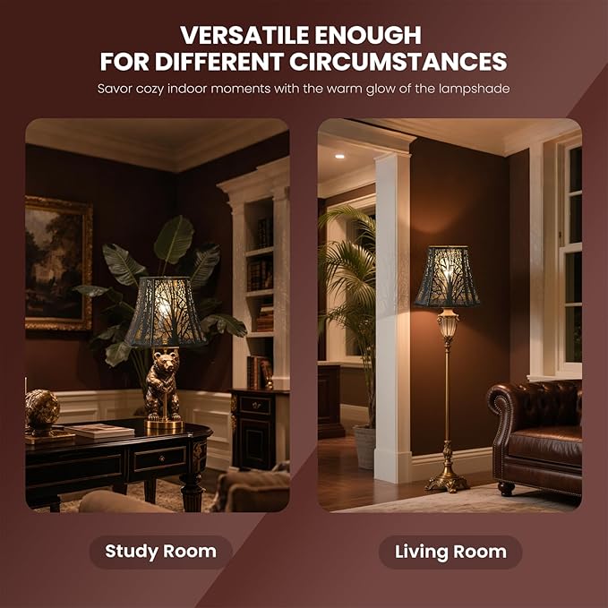 Square Cut Corner Metal Lamp Shades, 7" Top x 12" Bottom x 10.5" High Medium Bell Lampshade (Spider Fitter), Etched Forest Lampshades for Table Lamps and Floor Lamps, Bronze Gold Tree Pattern