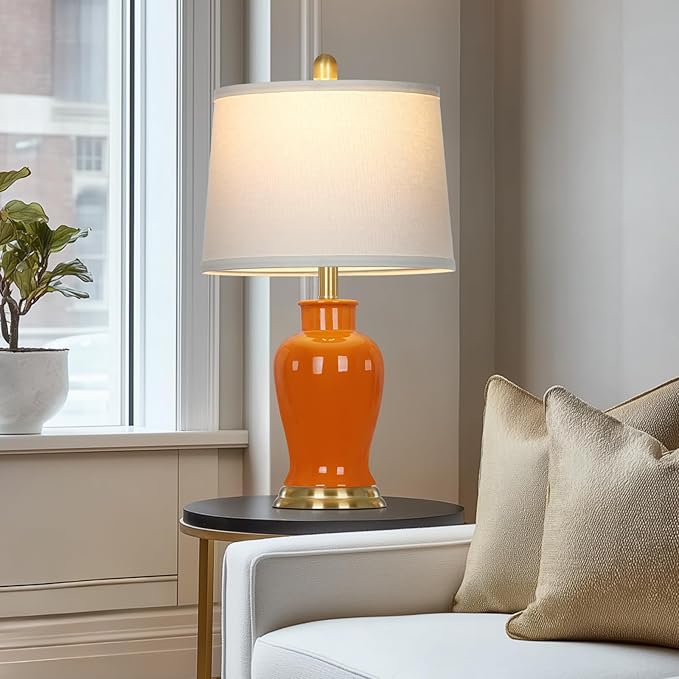 Orange Ceramic Lamps Set of 2, 23" Modern Table Lamps for Living Room, Stylish Bedroom Ginger Jar Lamps, Elegant Bedside Lamp for Night Stand Desk Side End Table Home Decor(Bulbs Included)