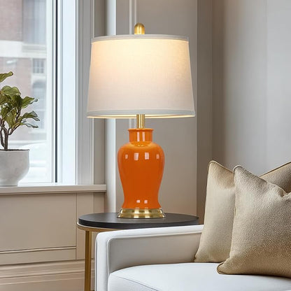 Orange Ceramic Lamps Set of 2, 23" Modern Table Lamps for Living Room, Stylish Bedroom Ginger Jar Lamps, Elegant Bedside Lamp for Night Stand Desk Side End Table Home Decor(Bulbs Included)