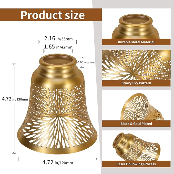 Ceiling Fan Replacement Globes, 4 Pack Chrysanthemum Pattern Fixture Replacement Globes Shades with 1-5/8" Fitter, ALUCSET 4.5" Height 4-3/4" Diameter, Metal Cover for Pendant Lamp-Yellow Brass&Gold