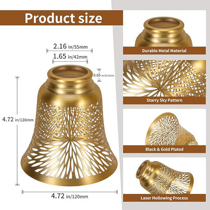 Ceiling Fan Replacement Globes, 4 Pack Chrysanthemum Pattern Fixture Replacement Globes Shades with 1-5/8" Fitter, ALUCSET 4.5" Height 4-3/4" Diameter, Metal Cover for Pendant Lamp-Yellow Brass&Gold