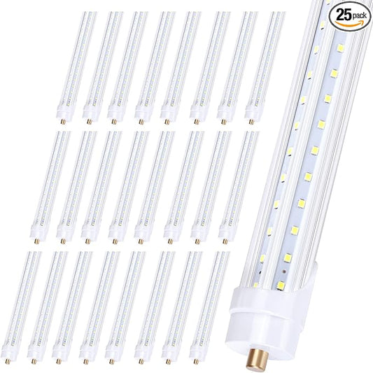 8FT FA8 Single Pin LED Bulbs, 65W (150W Equivalent) LED Tube Light, 6000K, Dual-Ended Power, Ballast Bypass, Clear Cover, Replace Existing T8 T10 T12 Fluorescent Light(25-Pack)