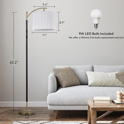 Etto Modern Dimmable Floor Lamp with Fabric & Pleated Shades, Remote & Touch Control, Adjustable Brightness & Color Temperatures, Tall Standing Lamp for Living Room Bedroom Office (Black Gold)