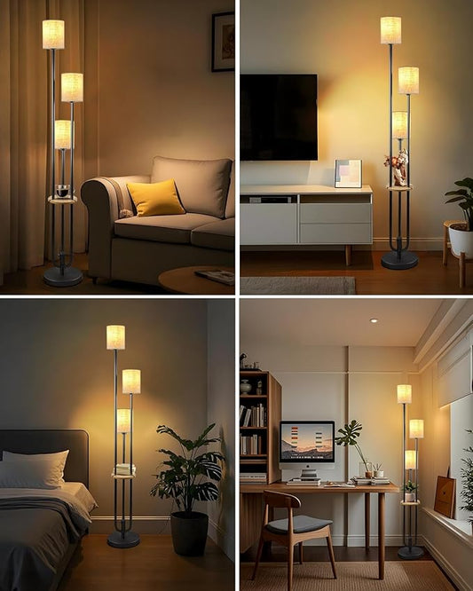 63IN Dimmable Floor Lamp with Shelf, Unique Black Tall Standing Lamps with Table, 3000K Warmwhite Mid Century Modern Floor Lamp for Living Room/Bedroom (Bulbs Included)