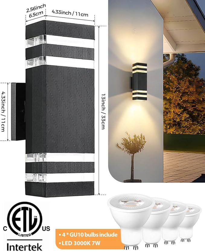 SHIMR Dusk to Dawn Outdoor Lighting 2 Pack, Outdoor Wall Sconce with GU10 Bulbs, Black Aluminum Exterior Lighting Fixtures Wall Mount, Modern Outside Lights for Garage Patio Garden, ETL Listed