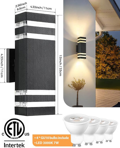 SHIMR Dusk to Dawn Outdoor Lighting 2 Pack, Outdoor Wall Sconce with GU10 Bulbs, Black Aluminum Exterior Lighting Fixtures Wall Mount, Modern Outside Lights for Garage Patio Garden, ETL Listed