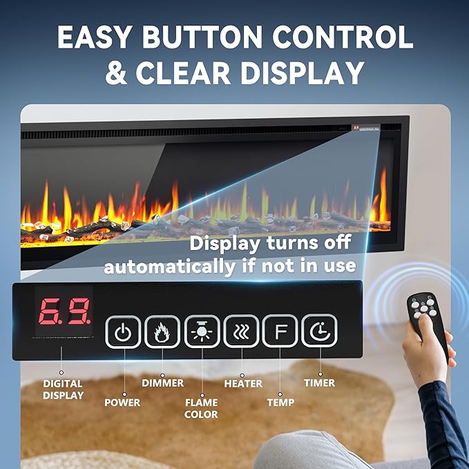 EUHOMY 73 Inch Electric Fireplace Recessed Wall Mounted Freestanding with Remote Control, Ultra-thin Fireplace Heater with Adjustable Flame Color, Linear Fireplace with Timer, Log & Crystal, 750/1500W