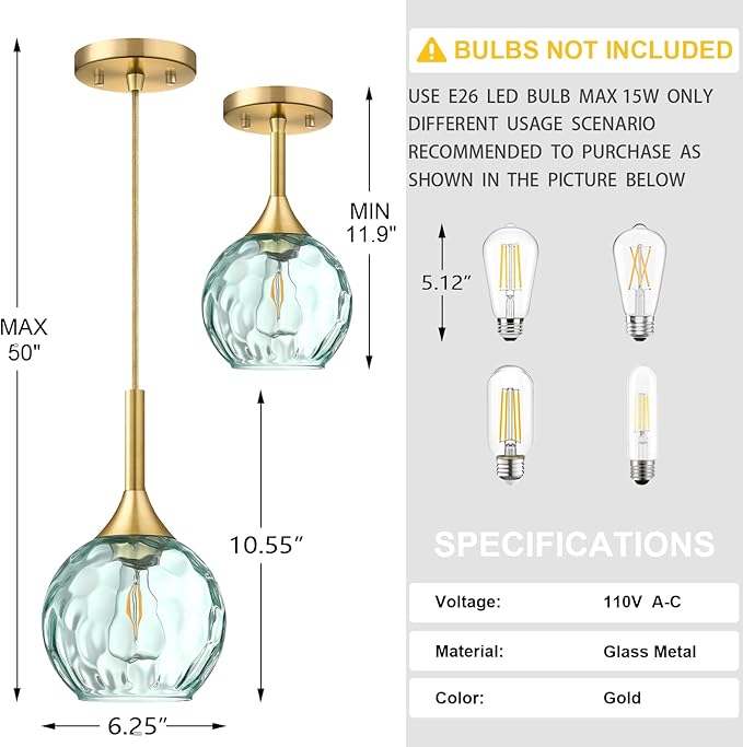 6.3" Hammer Green Glass Pendant Light 3 Pack Pendant Ceiling Light Fixture Gold Finish Modern Farmhouse Dinning Over Sink Adjustable Height Cord