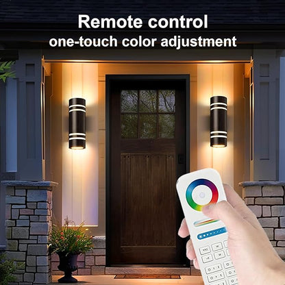 wowlite Outdoor Wall Lights for House, Remote Control Smart RGBCW Up and Down Lights Outdoor Sconce RGB Color Changing, Black Cylinder Aluminum Exterior Lighting Fixtures for Porch Garage, ETL Listed