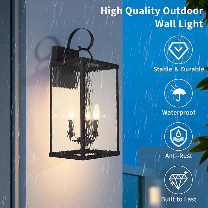 Large Outdoor Wall Light Fixture, 24" Modern Exterior Wall Lantern with Water Ripple Glass, Matte Black Waterproof Wall Sconce Porch Light for Patio, Garage, Front Door, Garden, Yard, Entryway