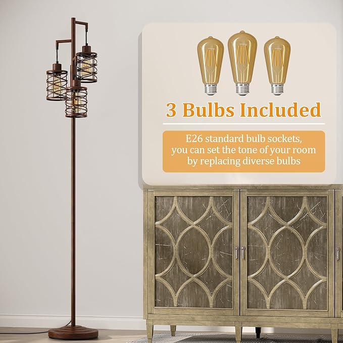 Oneach 70" Industrial Floor Lamp, Stepless Dimmable Standing Lamp with 3 Bulbs, Farmhouse Corner Standing Tree Lamp for Living Room, Tall Lamps for Bedroom, Office, Study Room, Dining Room, Walnut