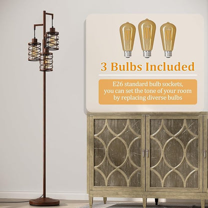 Oneach 70" Industrial Floor Lamp, Stepless Dimmable Standing Lamp with 3 Bulbs, Farmhouse Corner Standing Tree Lamp for Living Room, Tall Lamps for Bedroom, Office, Study Room, Dining Room, Walnut