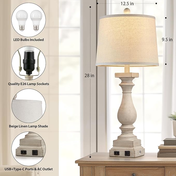 28" Tall Farmhouse Table Lamps with USB C+A Ports and AC Outlet, 3 Way Touch Control Rustic Bedside Lamps for Bedroom, Beige Vintage Nightstand Lamps for Living Room Office