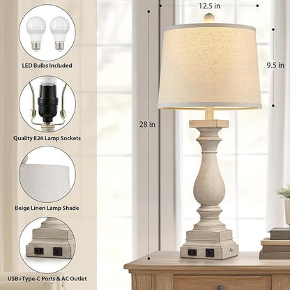 28" Tall Farmhouse Table Lamps with USB C+A Ports and AC Outlet, 3 Way Touch Control Rustic Bedside Lamps for Bedroom, Beige Vintage Nightstand Lamps for Living Room Office