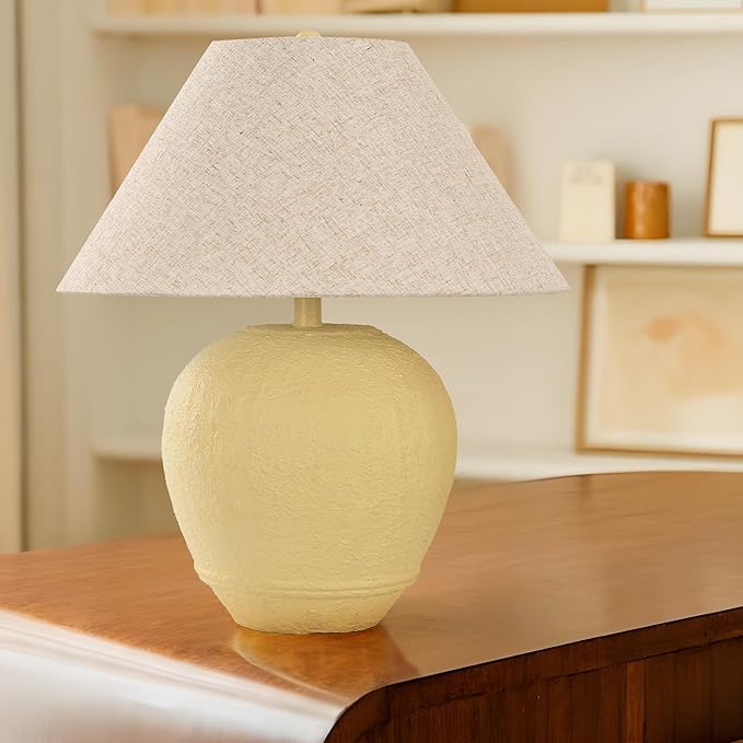 Farmhouse Ceramic Table Lamp, 21" Rustic Table Lamp with Linen Shade, 3-Way Dimmable Bedside Nightstand Lamps for Bedroom, Living Room, E26 Socket, Cream