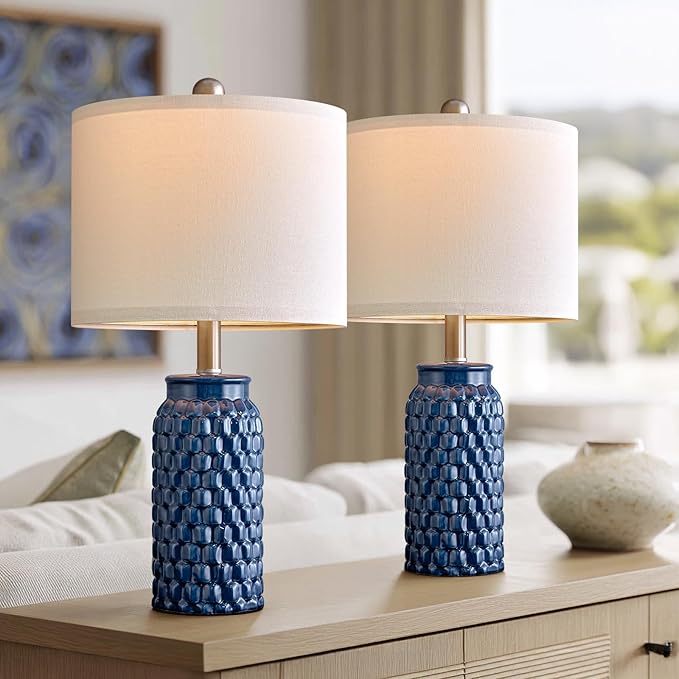 20.5" Set of 2 Bedside Table Lamps Modern Blue Honeycomb Ceramic - Linen Shade, E26 Knob Switch for Living Room, Bedroom & Nightstand
