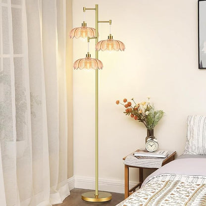 Floor Lamp for Living Room,Bedroom,Gold Mid Century Modern Standing Lamp Brass Tree 3 Light Tall Floor Lamps Vintage Retro Floor Lights Glass Flower Lamp Shade Farmhouse Boho Bohemian