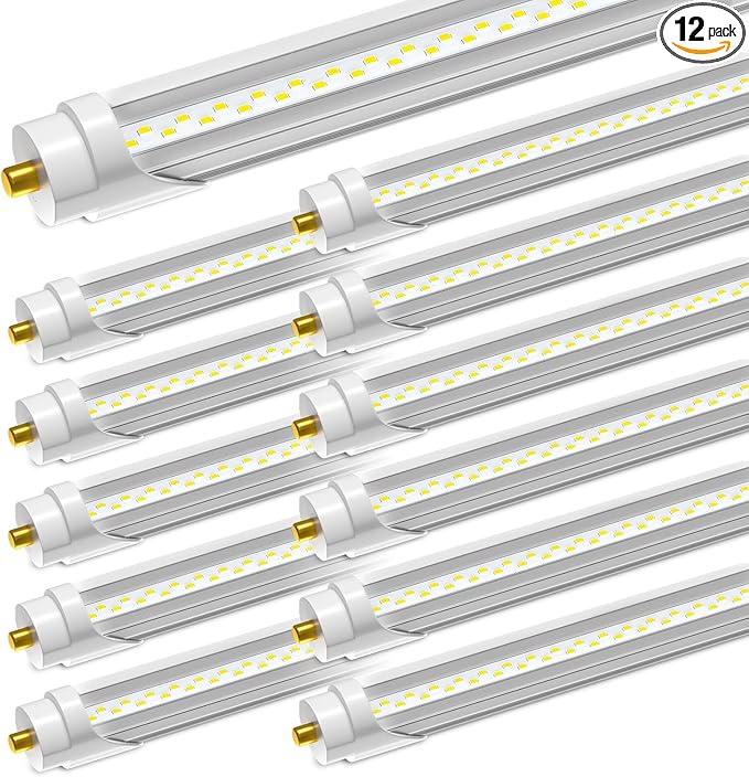 8Ft Led Bulbs, 48W 6500lm 5000K(12 Pack), 8 Foot Led Bulbs, T8 T12 Led Replacement Lights, FA8 Single Pin Clear Cover, Replace F96t12 Fluorescent Light Bulb