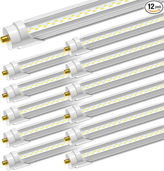 8Ft Led Bulbs, 48W 6500lm 5000K(12 Pack), 8 Foot Led Bulbs, T8 T12 Led Replacement Lights, FA8 Single Pin Clear Cover, Replace F96t12 Fluorescent Light Bulb
