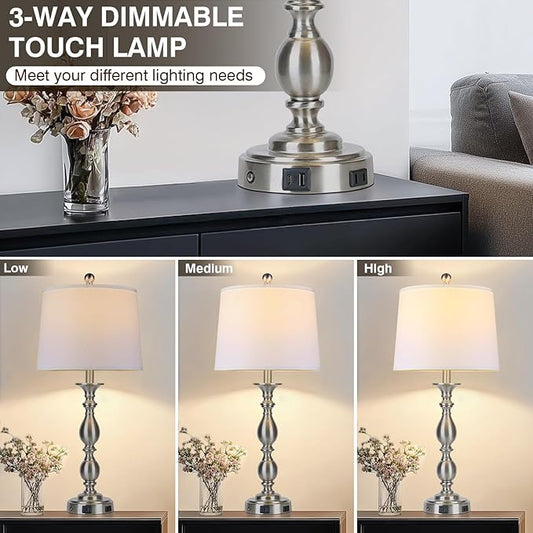 28" Tall Modern Table Lamps Set of 2 with USB A+C Ports and AC Outlet, 3 Way Touch Metal Bedside Lamps for Bedroom, Silver Farmhouse Nightstand Lamps for Living Room