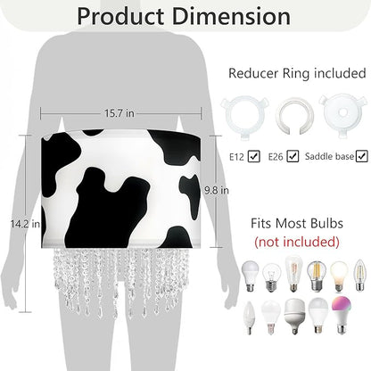 Black White Cow Print Lamp Shade with Acrylic Bead Droplets, Animal Drum Fabric Light Shade for Pendant Table & Floor Lamp, Cute Party Room Decor for Grandchild Kids Teens, 15.7in