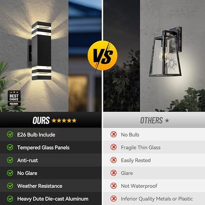Modern Outdoor Wall Sconce 2-Pack, Up Down Lights Outdoor with Dusk to Dawn Sensor, Waterproof Exterior Light Fixture Wall Mount for House, Porch, Patio, Garage (E26 Bulbs Included)