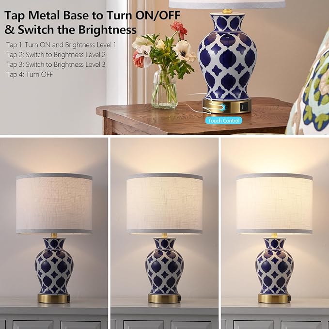 Set of 2 Ceramic Bedside Table Lamp, Minimalist Glazed Ceramic Base with Fabric Shade, Perfect for Bedroom, Nightstand, or Reading Nook, Small Modern Accent Lamp for Soft Lighting