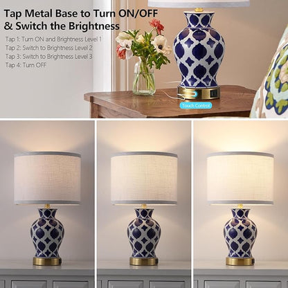Set of 2 Ceramic Bedside Table Lamp, Minimalist Glazed Ceramic Base with Fabric Shade, Perfect for Bedroom, Nightstand, or Reading Nook, Small Modern Accent Lamp for Soft Lighting