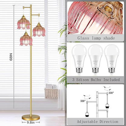 Pink Floor Lamp for Living Room,Bedroom,Gold Mid Century Modern Standing Lamp Brass Tree 3 Light Tall Floor Lamps Vintage Retro Floor Lights Glass Flower Lamp Shade Girls Kids Boho Bohemian