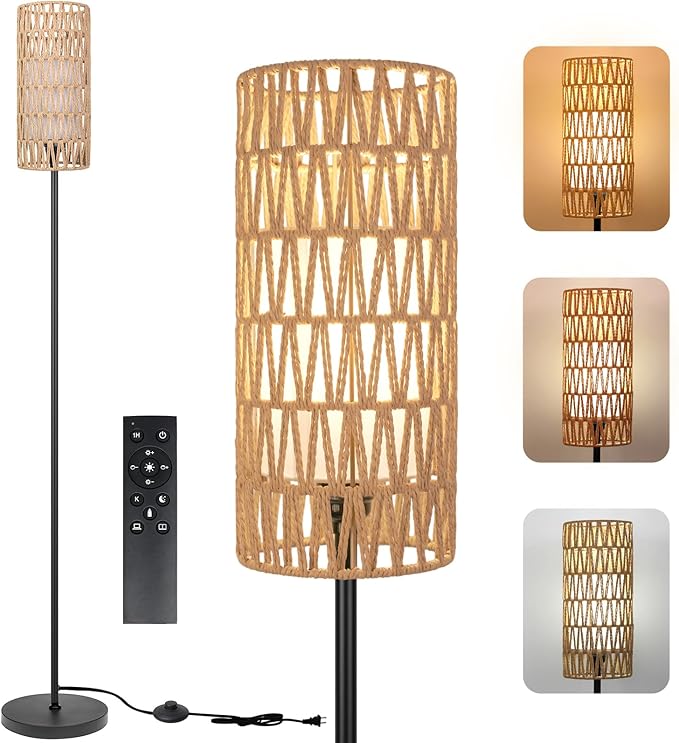 Floor Lamp for Living Room,Farmhouse Floor lamp,Modern Standing lamp with Hand-Worked Rattan Shade (Double Shade-with Remote)