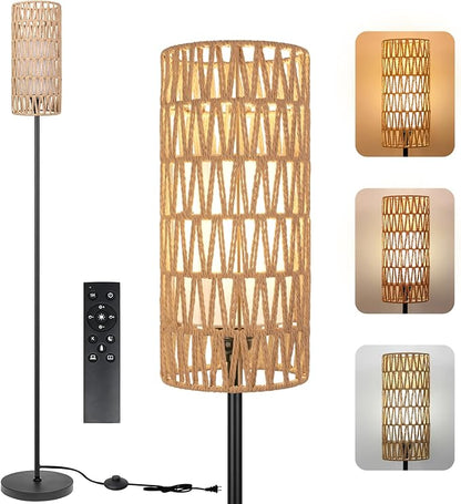 Floor Lamp for Living Room,Farmhouse Floor lamp,Modern Standing lamp with Hand-Worked Rattan Shade (Double Shade-with Remote)