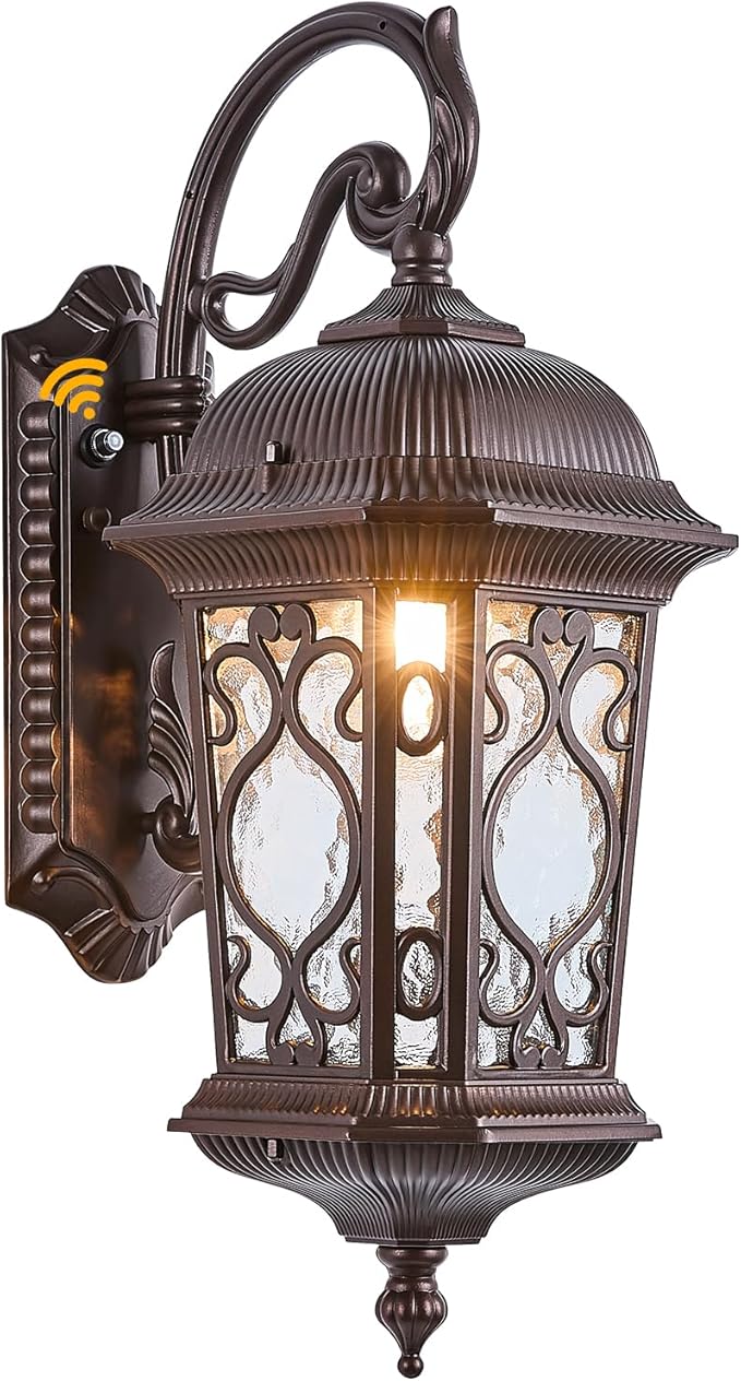 21" H Oil-Rubbed Bronze Outdoor Wall Light Large Size Dusk to Dawn Exterior Wall Lantern Fixture, Dark Brown Rustic Porch Lamp with Water Glass Waterproof Outside Wall Sconce for House Garage