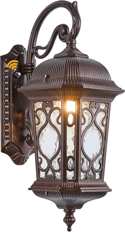 21" H Oil-Rubbed Bronze Outdoor Wall Light Large Size Dusk to Dawn Exterior Wall Lantern Fixture, Dark Brown Rustic Porch Lamp with Water Glass Waterproof Outside Wall Sconce for House Garage