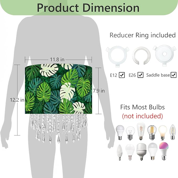 Green Leaf Tropical Leaf Lamp Shade with Acrylic Bead Droplets, Drum Fabric Light Shade for Ceiling Pendant Table or Floor Lamps, Botanical Nature Home Decor, 11.8in