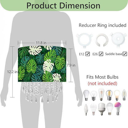 Green Leaf Tropical Leaf Lamp Shade with Acrylic Bead Droplets, Drum Fabric Light Shade for Ceiling Pendant Table or Floor Lamps, Botanical Nature Home Decor, 11.8in