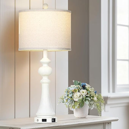 28" Farmhouse Table Lamp with USB A+C Fast Ports & AC Outlets, Vintage Rustic 3-Way Dimmable Touch Control Table Lamp, Rustic Traditional Bedside Nightstand Lamp for Living Room Bedroom White
