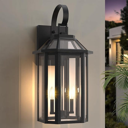 Large Outdoor Wall Lantern 2-Light, 26.3 Inch Waterproof Exterior Wall Sconce Light Fixtures, Glass Porch Lights for Front Door, Patio, and House Garage, Black