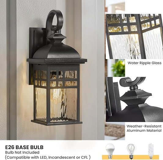 Outdoor Wall Lights Exterior Black Outdoor Light Fixtures Wall Mount with Water Ripple Glass Waterproof Anti-Rust Outside Wall Sconce Porch Lights for House Garage Doorway