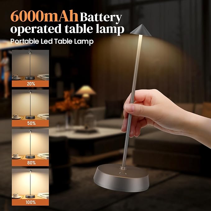 Cordless Table Lamp Rechargeable, Battery Operated 6000mAh Desk Lamp Touch Dimmable Lamp Outdoor Waterproof Portable Wireless Table Light for Dining Restaurant Bar/Outdoor (Gray)