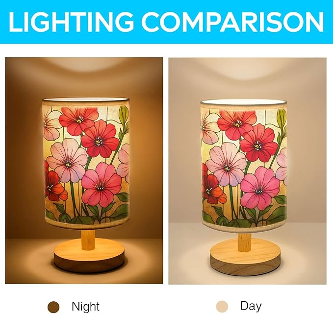 Geranium Table Lamp LED 3-Color Pressed Bedside, Geranium Shade Lamp with Wood Base for Bedroom Living Room Desk Office