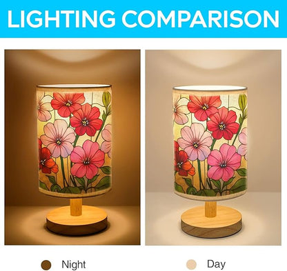 Geranium Table Lamp LED 3-Color Pressed Bedside, Geranium Shade Lamp with Wood Base for Bedroom Living Room Desk Office