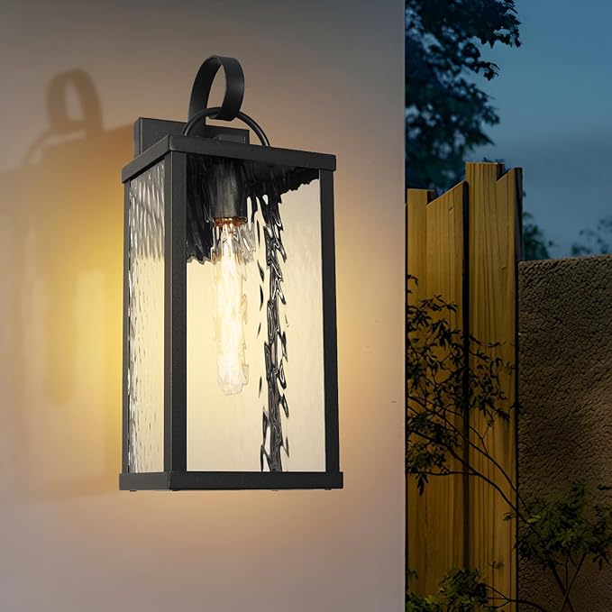 Outdoor Wall Light Fixture, Modern Black Exterior Wall Lantern with Water Ripple Glass, Farmhouse Vintage Waterproof Wall Sconce Porch Light for Patio, Garage, Front Door, Garden, Yard, 2Pack