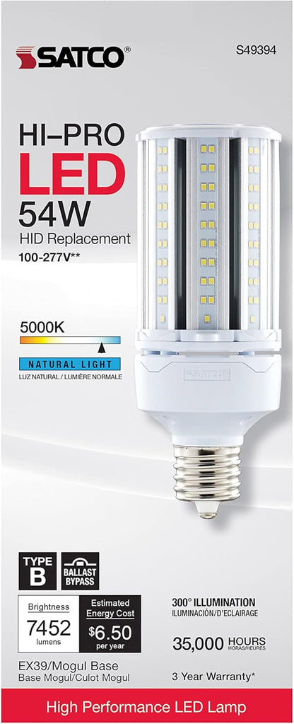 Satco S49394 Hi-Pro High Lumen LED Corncob Light Bulb, HID Replacement, 54 Watts, White