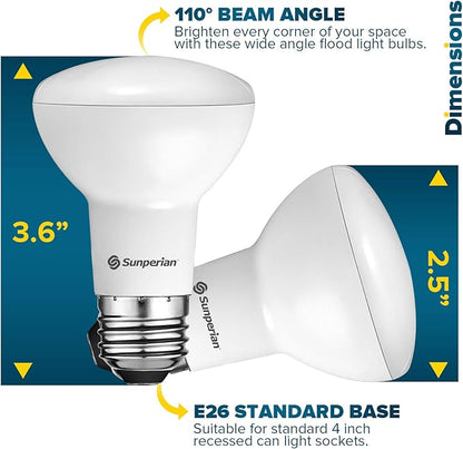 SUNPERIAN 6 Pack BR20 LED Bulb, 6W=50W, 6500K Ultra Daylight, 550 Lumens, Dimmable Flood Light Bulbs for Recessed Cans, Enclosed Fixture Rated, Damp Rated, UL Listed, E26 Standard Base