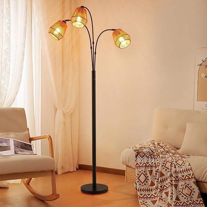 9MMML Vintage Black Arc Floor Lamp with Rotatable Arms & Rattan Lampshade, 3-Light Mode Rotary Switch Adjustable, 72.5'' Tall Standing Lamp for Living Room, Bedroom, E26 Base