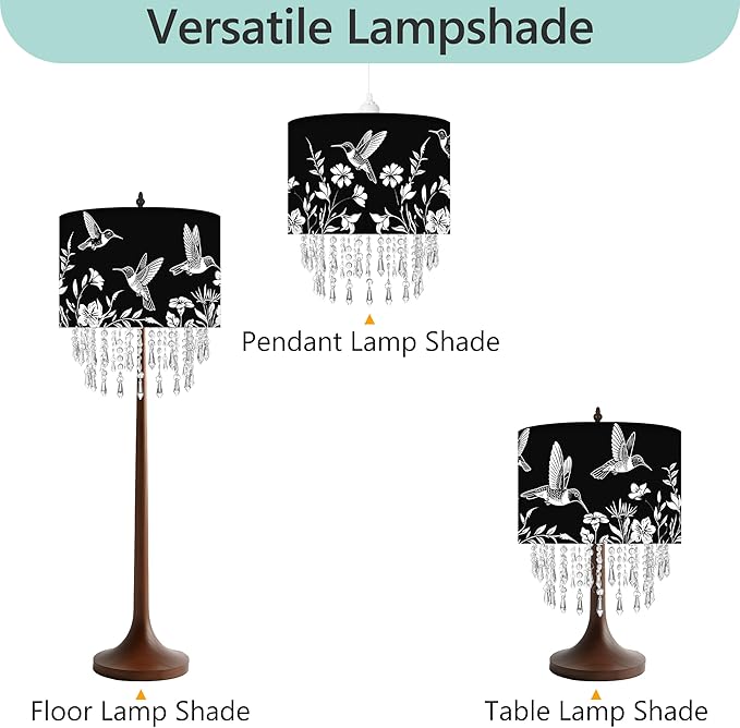 Hummingbird & Floral Lamp Shade with Crystal Bead Droplets, Black & White Drum Fabric Light Shade for Ceiling Pendant Table & Floor Lamps, Nature-Inspired Decor, 11.8in