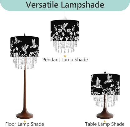 Hummingbird & Floral Lamp Shade with Crystal Bead Droplets, Black & White Drum Fabric Light Shade for Ceiling Pendant Table & Floor Lamps, Nature-Inspired Decor, 11.8in