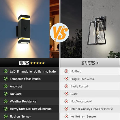 2 Pack Motion Sensor Outdoor Lights, Dusk to Dawn Waterproof Wall Sconce with GU10 LED Bulbs, Black Aluminum Up & Down Porch Light Fixtures for House Garden Garage,ETL Listed