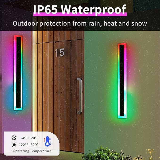 2 Pack Outdoor RGB Wall Sconce, 23.6inch Modern LED Light Fixture, IP65 Waterproof, 10 Colors, 5 Modes, Dimmable with Remote Control, Long Linear Wall Mount Lighting for Garden, Patio, Fence