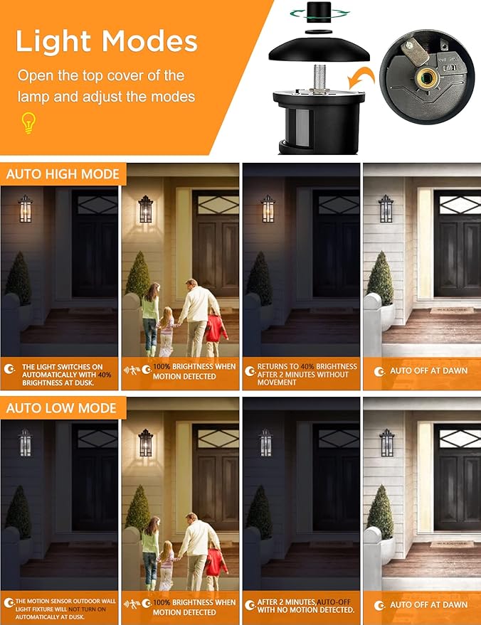 Motion Sensor Outdoor Wall Light Dusk to Dawn Outside Wall Sconce with Seeded Glass Exterior Light Fixtures Wall Mount 3 Modes Motion Activated Outdoor Porch Wall Lantern IP65 Waterproof Black